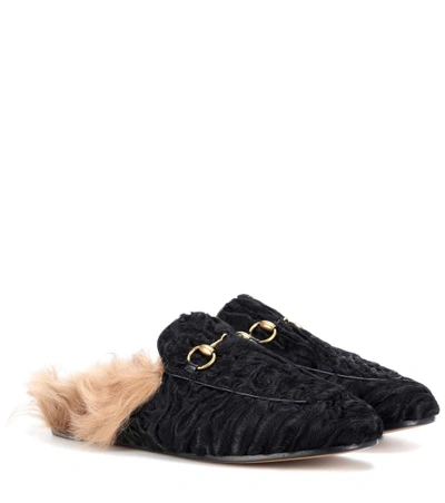 Gucci Princetown Lamb Fur Slippers In Black