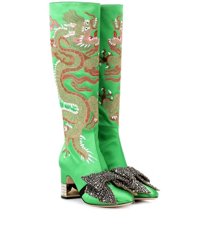 Shop Gucci Dragon Embellished Satin Boots In Green