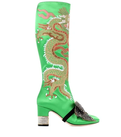 Shop Gucci Dragon Embellished Satin Boots In Green