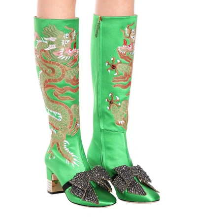 Gucci Ladies Green Candy Dragon Embroidered Satin Knee-high Boots | ModeSens