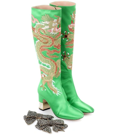 Shop Gucci Dragon Embellished Satin Boots In Green