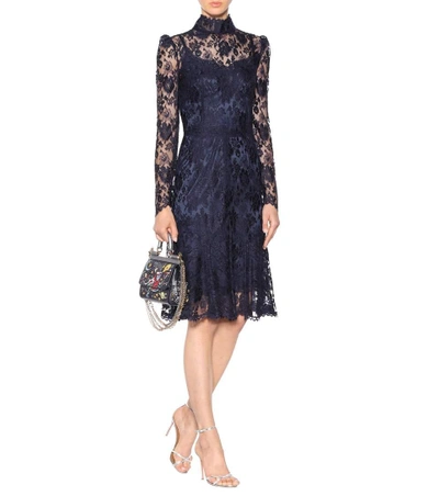 Shop Dolce & Gabbana Lace Turtleneck Dress In Very Dark Llue