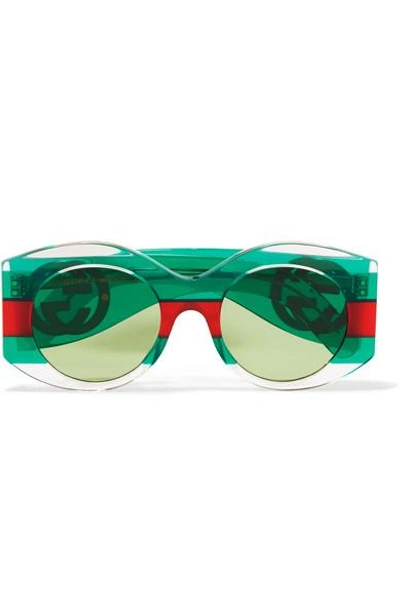 Shop Gucci Round-frame Striped Acetate Sunglasses In Green