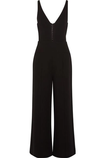 Shop Narciso Rodriguez Leather-trimmed Cutout Wool-crepe Jumpsuit In Black