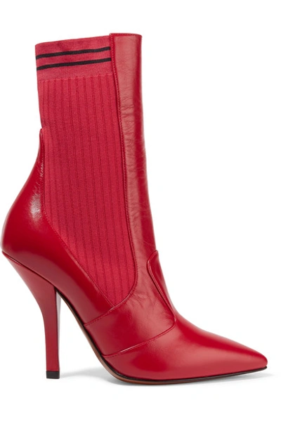 Fendi Rockoko Leather And Ribbed Stretch-knit Sock Boots In Red