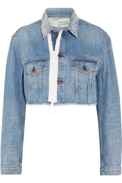 Off-white Cropped Frayed Denim Jacket In Blue | ModeSens