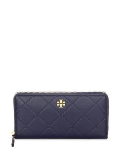 Shop Tory Burch Georgia Leather Zip-around Wallet In Royal Navy