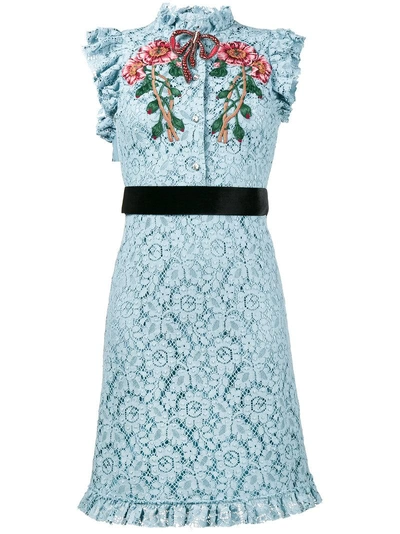 Shop Gucci - Embroidered Cluny Lace Dress  In Blue