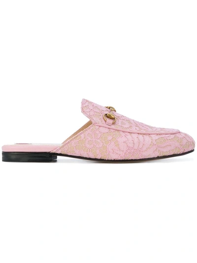 Shop Gucci Pink Lace Princetown Mules