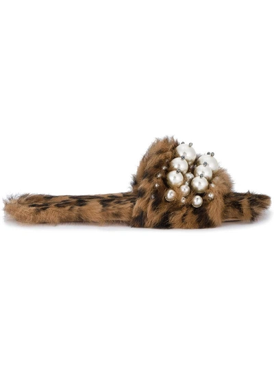 Shop Miu Miu - Fur Faux Pearl Slides  In Brown