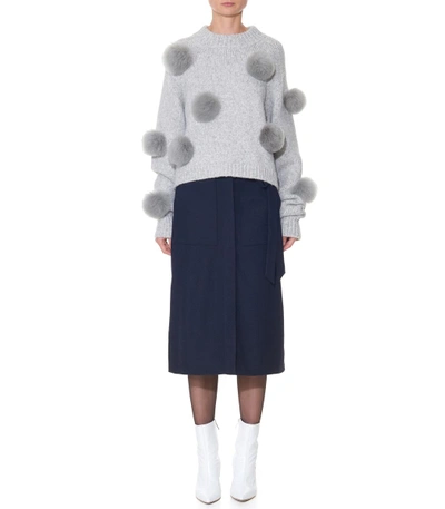 Shop Tibi Heather Grey Alpaca Pom Pom Cropped Sweater