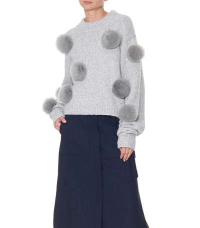 Shop Tibi Heather Grey Alpaca Pom Pom Cropped Sweater