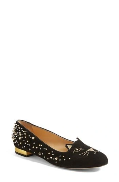 Shop Charlotte Olympia Kitty Studded Flat(women) In Black/ Gold