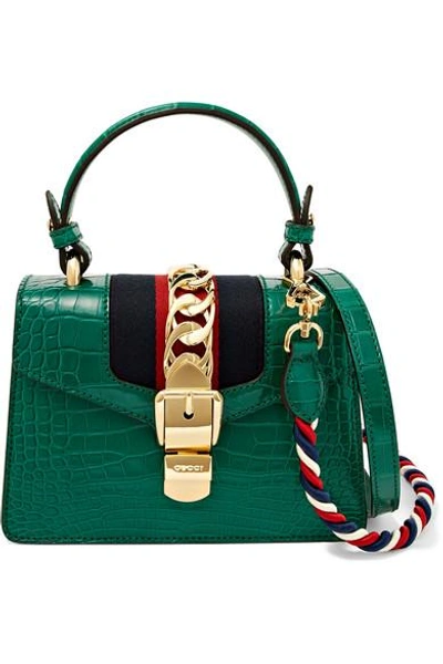 Shop Gucci Sylvie Mini Chain-embellished Alligator Shoulder Bag In Emerald