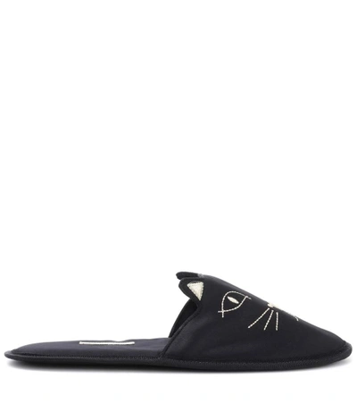 Shop Charlotte Olympia House Cats Satin Slippers In Black