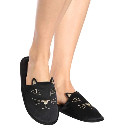 Shop Charlotte Olympia House Cats Satin Slippers In Black