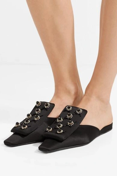 Shop Marni Embellished Satin Slippers In Black