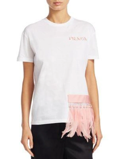 Shop Prada Embroided Feather Cotton Tee In Bianco-pink