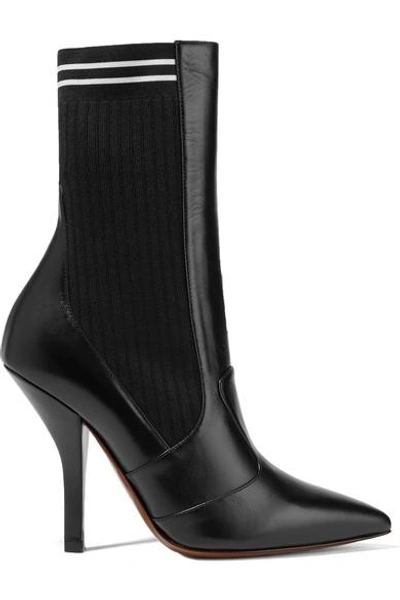Shop Fendi Rockoko Leather And Ribbed Stretch-knit Sock Boots In Black
