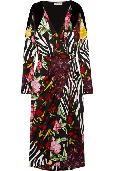 Shop Attico Velvet-trimmed Paneled Printed Satin Wrap Midi Dress