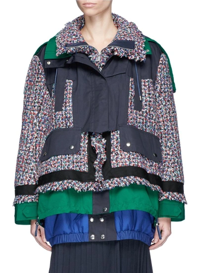 Shop Sacai Colourblock Windbreaker Panel Oversized Tweed Jacket