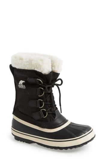sorel carnival waterproof black nylon boots with microfleece lining