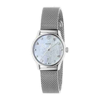 Shop Gucci Watch G-timeless Watch Case 27 Mm In Milanese Mesh With Mother-of-pearl Dial In Silver