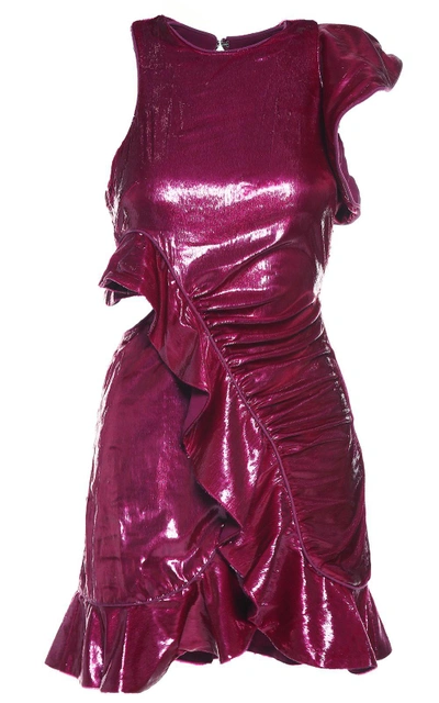 Shop Self-portrait Ruffled Metallic-velvet Mini Dress In Rosa