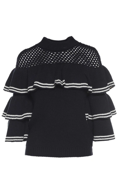 Shop Self-portrait Striped Frill Wool And Cotton-blend Jumper In Navy