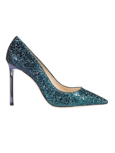 Shop Jimmy Choo Romy 100 Glitter Pumps In Peacock-navy