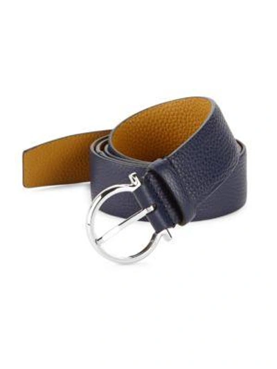 Shop Ferragamo Men's Gancio Buckle Belt With Extended Strap In Blue Marine