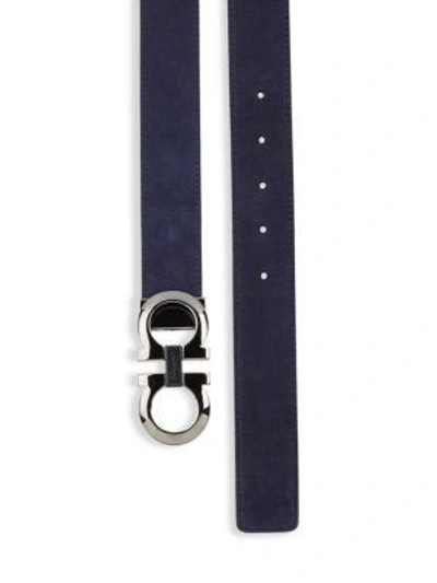 Shop Ferragamo Etched Double Gancini Suede  Belt In Blue Marine