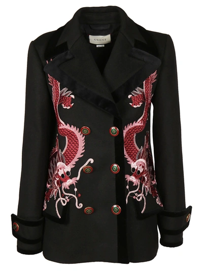 Shop Gucci Dragon Embroidered Coat In Nero