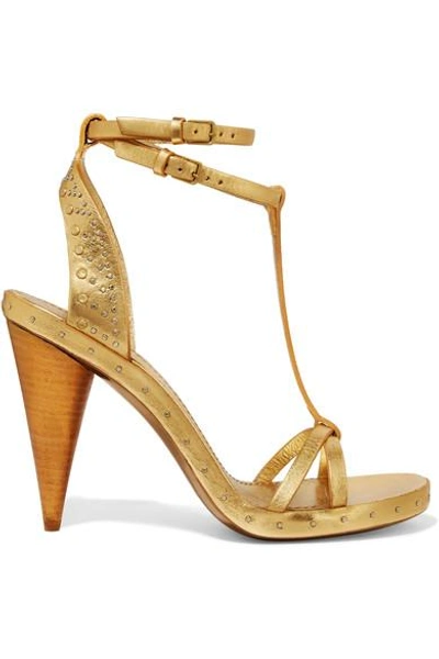 Shop Burberry Studded Metallic Textured-leather Sandals In Gold