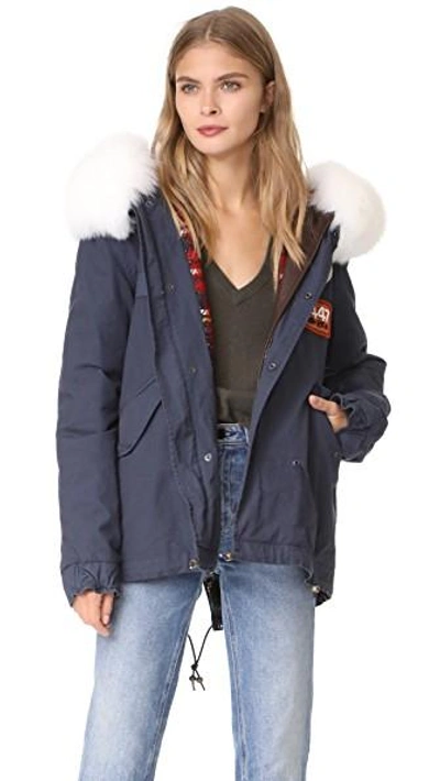 Shop Mr & Mrs Italy Canvas & Fox Fur Parka In Navy/red