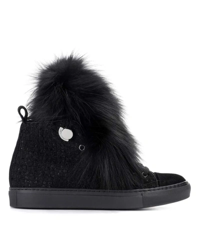Shop Moncler Caroline Fur-trimmed Sneakers In Black