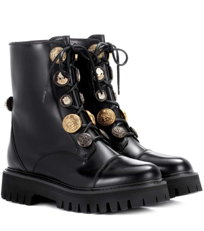 Shop Dolce & Gabbana Embellished Leather Lace-up Boots In Black
