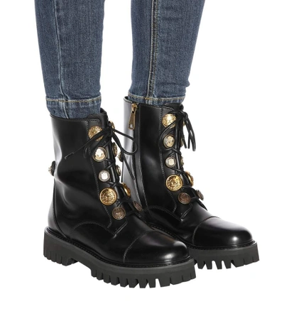 Shop Dolce & Gabbana Embellished Leather Lace-up Boots In Black