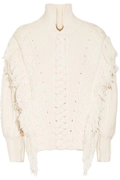 Shop Burberry Oversized Fringed Cable-knit Cotton-blend Sweater In White