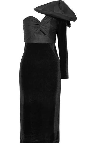 Shop Johanna Ortiz Malagueña One-shoulder Bow-embellished Satin And Velvet Dress In Black