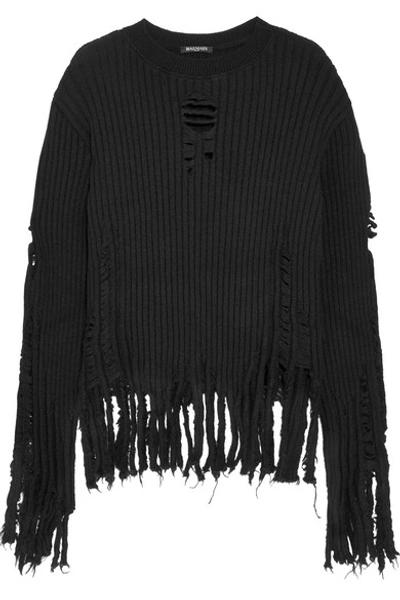 Shop Balmain Distressed Ribbed Wool Sweater