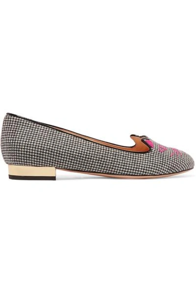 Shop Charlotte Olympia Kitty Embroidered Houndstooth Slippers