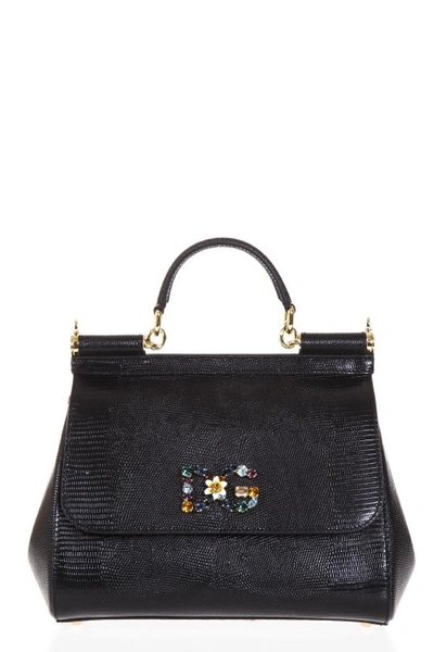 Shop Dolce & Gabbana Embellished Medium Sicily Leather Bag In Black