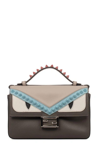 Shop Fendi Gray-light Blue-red Double Micro Baguette Leather Top Handle Bag