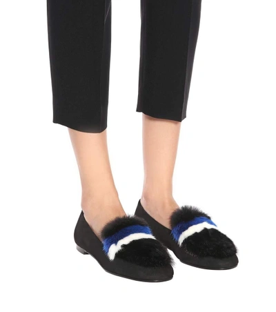 Shop Aquazzura Fur-trimmed Suede Loafers In Black