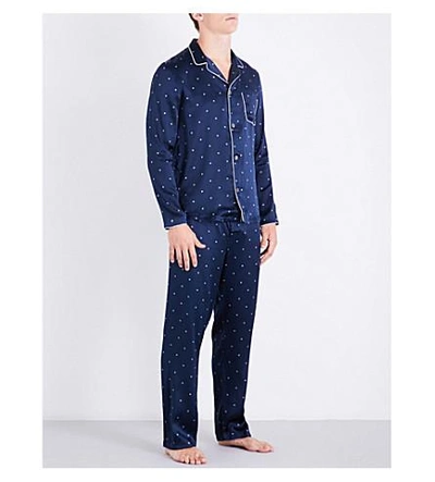 Shop Derek Rose Modern Diamond-print Silk-satin Pyjama Set In Navy