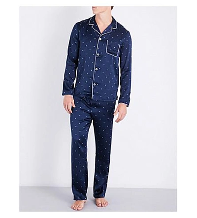 Shop Derek Rose Modern Diamond-print Silk-satin Pyjama Set In Navy