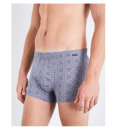 Shop Hanro Paisley-print Slim-fit Stretch-cotton Trunks In Navy