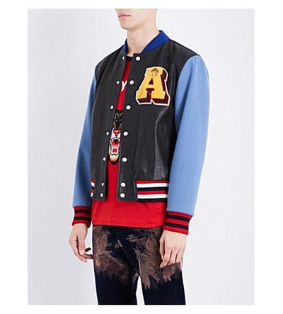 Shop Gucci Patch-appliquéd Leather And Wool Bomber Jacket In Black Pale Blue