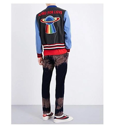 Shop Gucci Patch-appliquéd Leather And Wool Bomber Jacket In Black Pale Blue